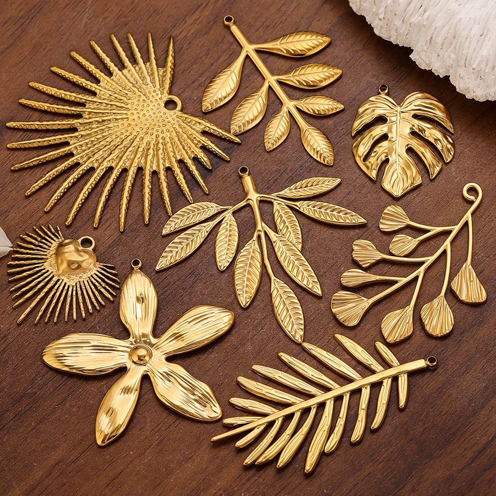 Embellishment Crafts - จี้รูปใบไม้ดอกไม้ขนาดใหญ่ทำจากสแตนเลส 5 ชิ้น สำหรับทำเครื่องประดับผู้หญิง จี้สร้อยคอ จี้รูปต้นไม้